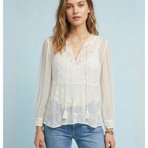 Feather Bone Anthropologie Sheer White Fairy Floral Blouse